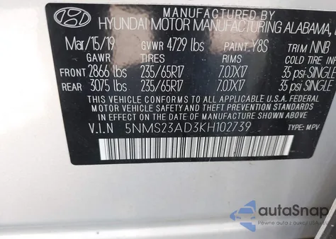 2019 Hyundai Santa Fe Se from USA, damaged, VIN 5NMS23AD3KH102739